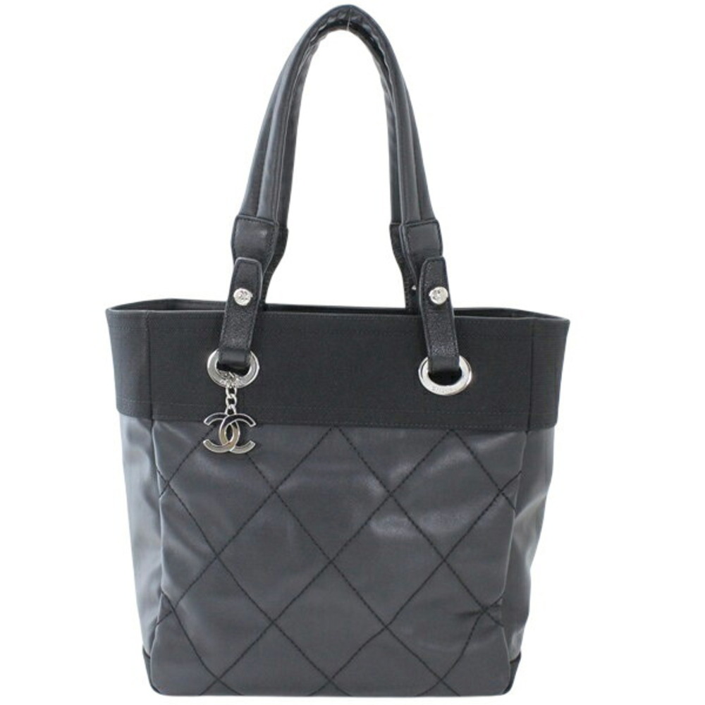CHANEL Paris Biarritz Tote PM Black PVC Nylon Leather Bag Coco Mark A34208 T6222